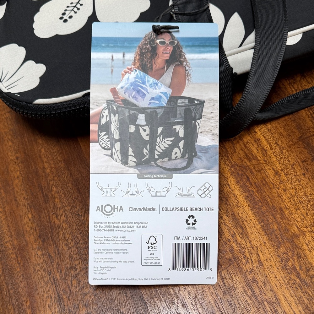 Aloha Collapsible Beach Tote - Black & White